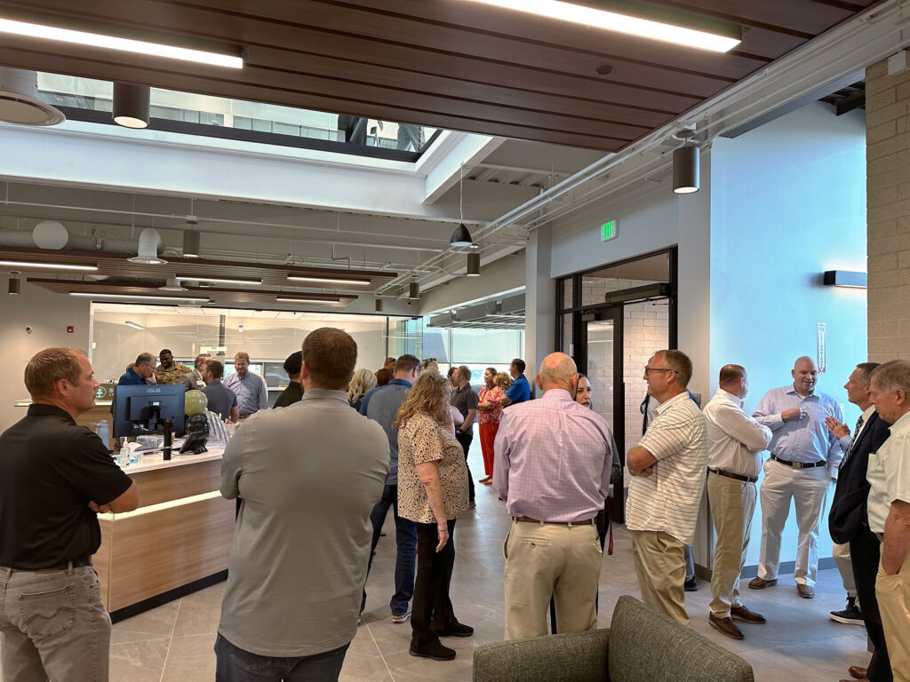 Crowd throughout lobby of the building